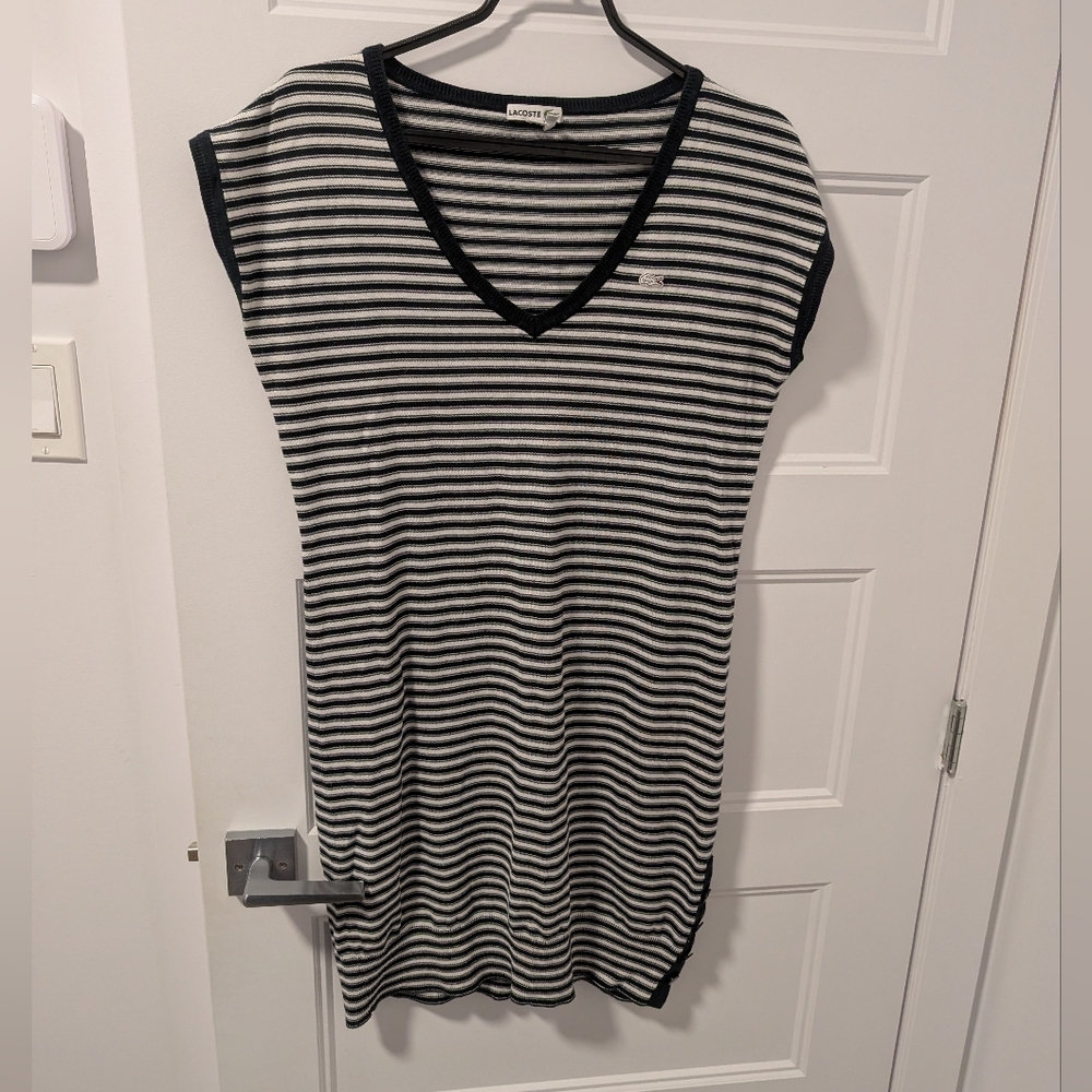 Lacoste/Knit Black and White Striped V-Neck Dress Sz 38